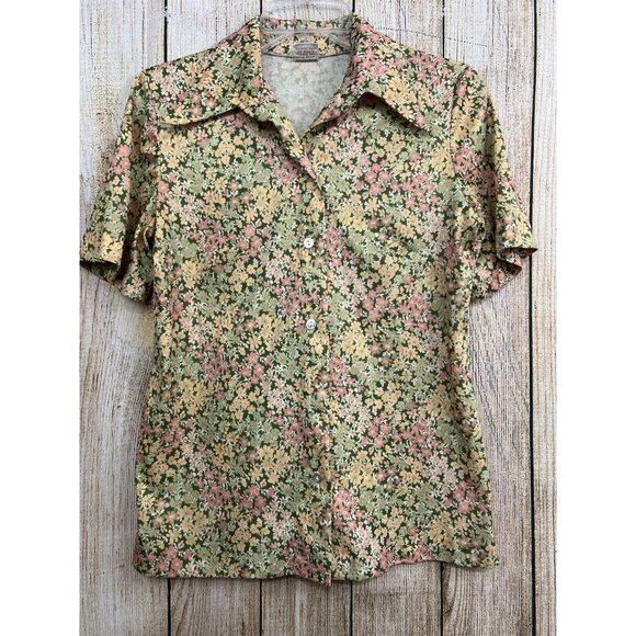 Vintage 70s Women Dagger Collar Floral Mod Poly Top Button Front L Cottagecore - Picture 2 of 7